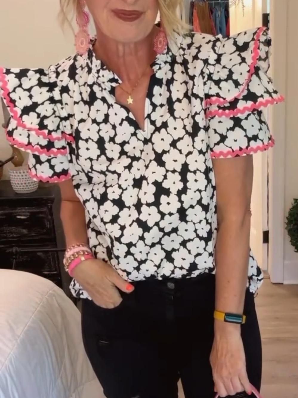 Black & White Floral Puff Sleeve Blouse with Pink Trim - Picture 2 of 10